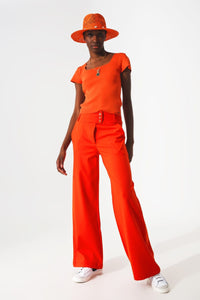 Q2 Women's Pants & Trousers Button Detail Wide Leg Pants in Orange