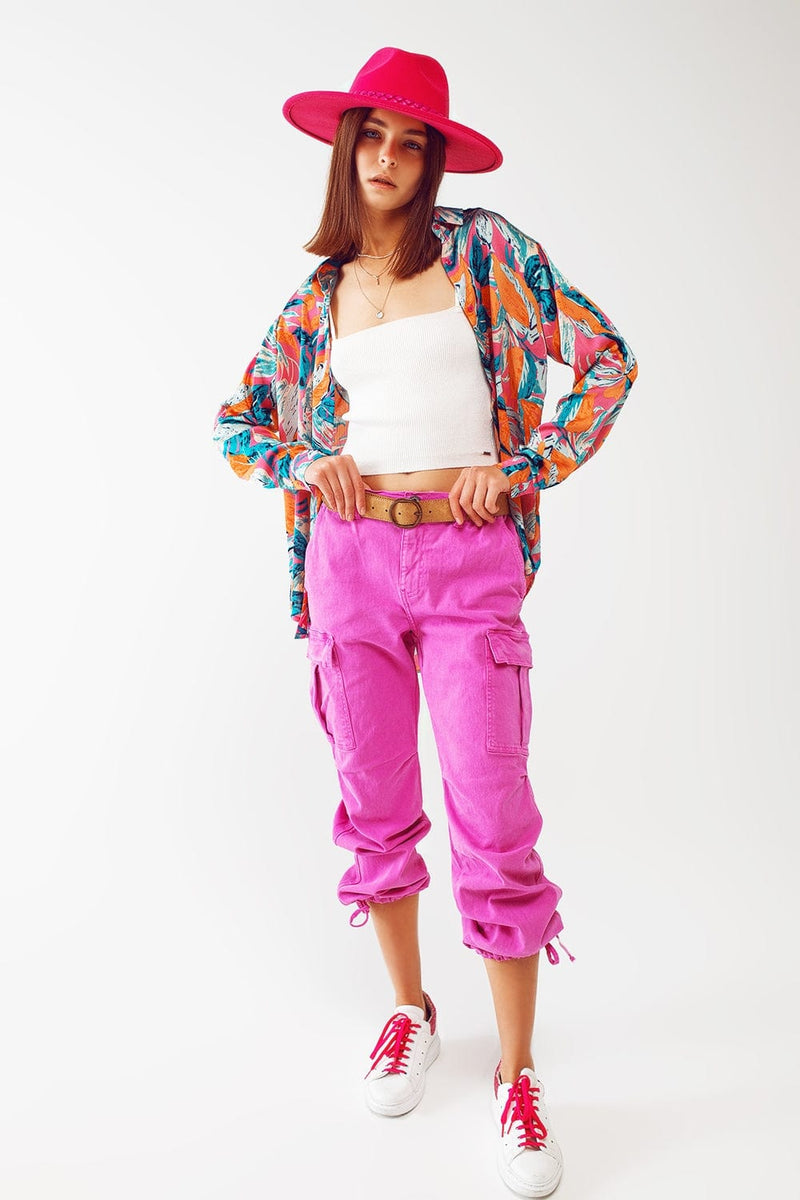 Q2 Women's Pants & Trousers Cargo Pants with Tassel Ends in Fuchsia