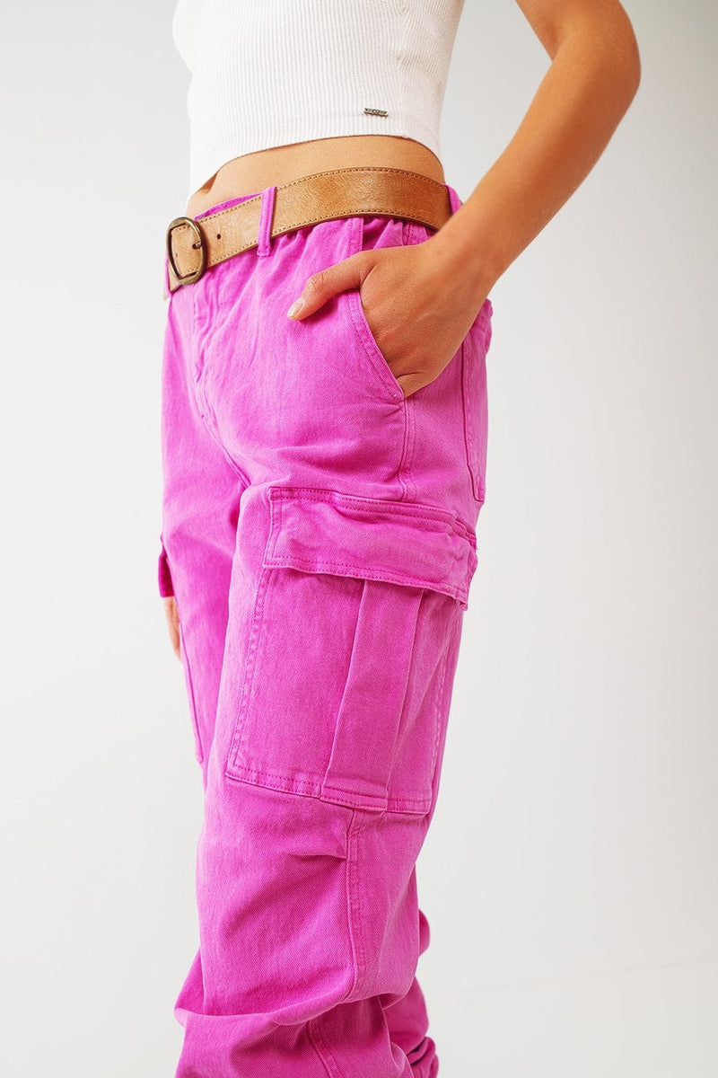 Q2 Women's Pants & Trousers Cargo Pants with Tassel Ends in Fuchsia