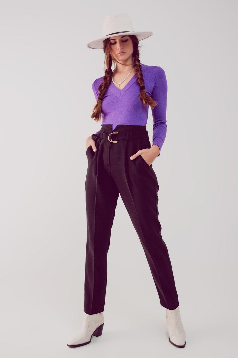 Q2 Women's Pants & Trousers Cigarette Pants with Paper-Bag Waist in Black