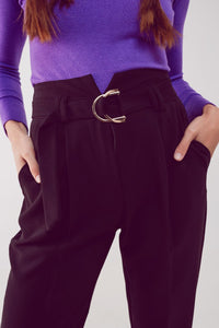 Q2 Women's Pants & Trousers Cigarette Pants with Paper-Bag Waist in Black