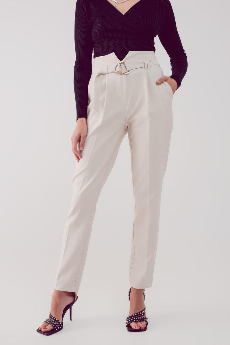 Q2 Women's Pants & Trousers Cigarette Pants with Paper-Bag Waist in Cream