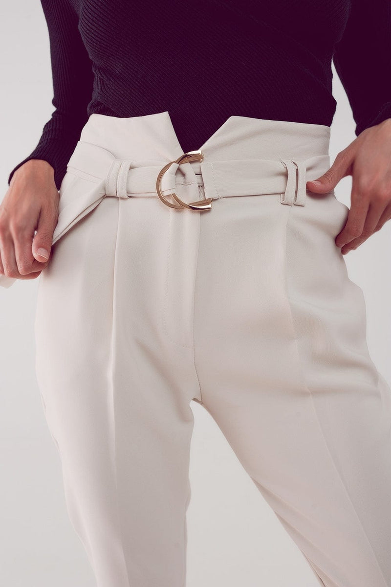 Q2 Women's Pants & Trousers Cigarette Pants with Paper-Bag Waist in Cream