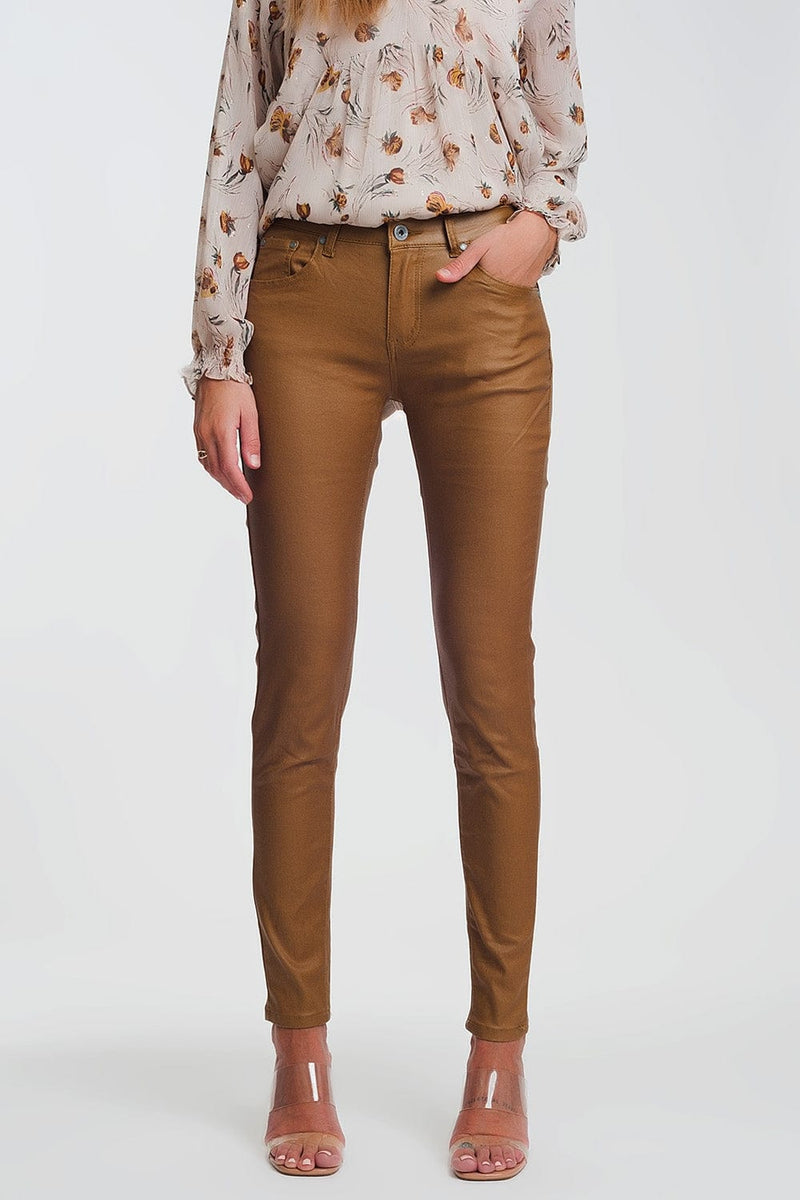 Q2 Women's Pants & Trousers coated skinny pants in camel