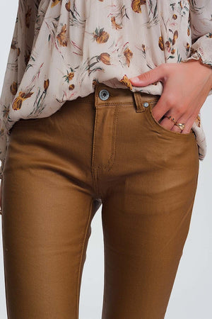 Q2 Women's Pants & Trousers coated skinny pants in camel