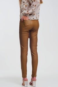 Q2 Women's Pants & Trousers coated skinny pants in camel