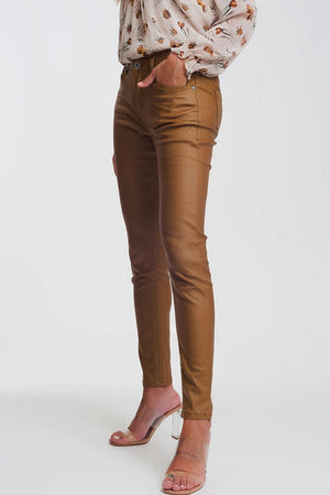 Q2 Women's Pants & Trousers coated skinny pants in camel