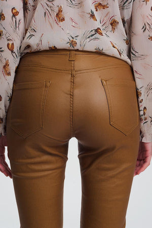 Q2 Women's Pants & Trousers coated skinny pants in camel