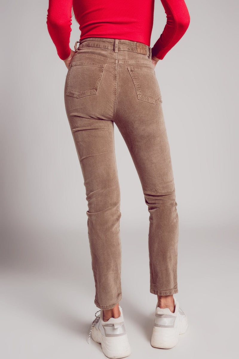 Q2 Women's Pants & Trousers Cotton Skinny Cord Pants in Beige