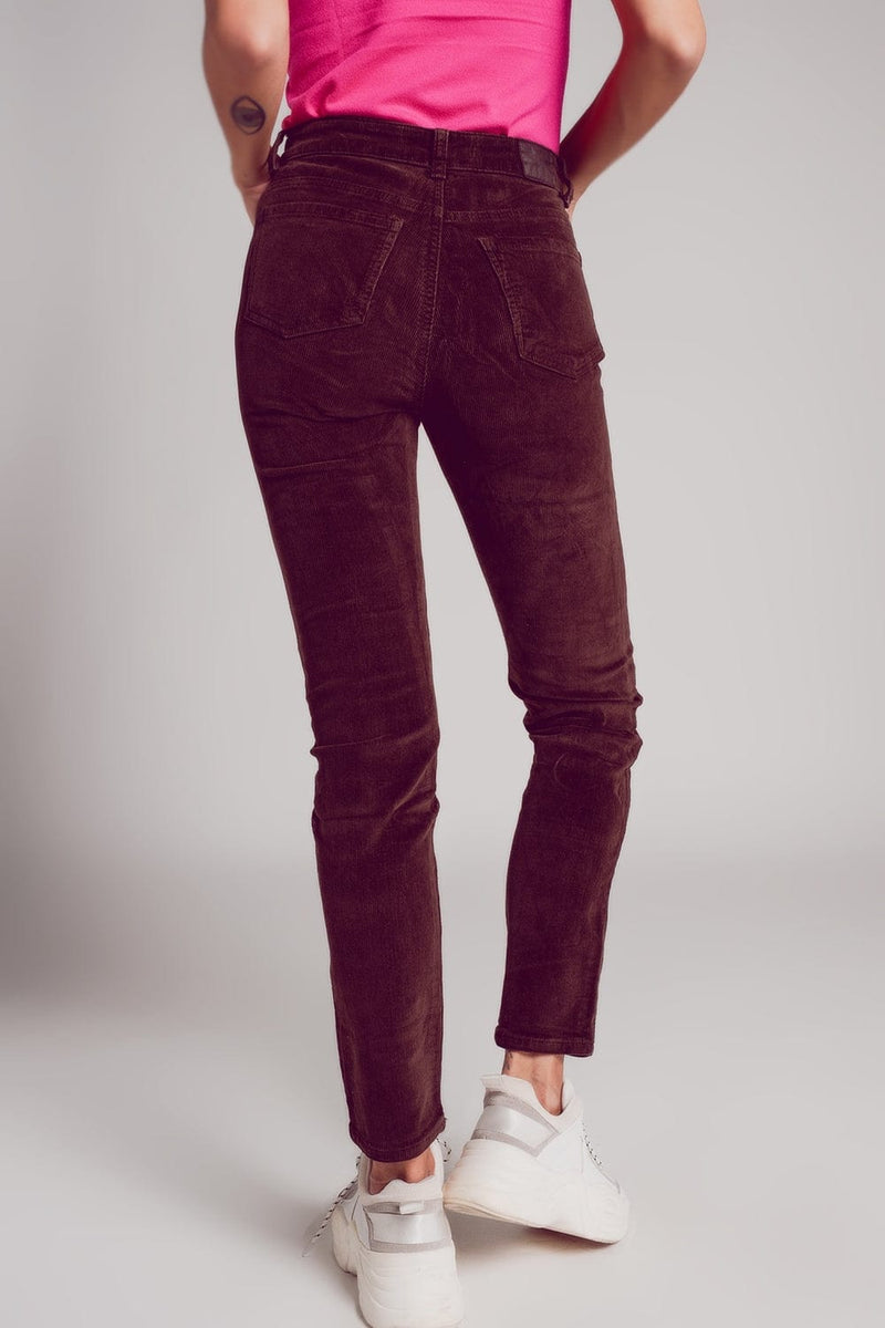 Q2 Women's Pants & Trousers Cotton Skinny Cord Pants in Chocolate Brown