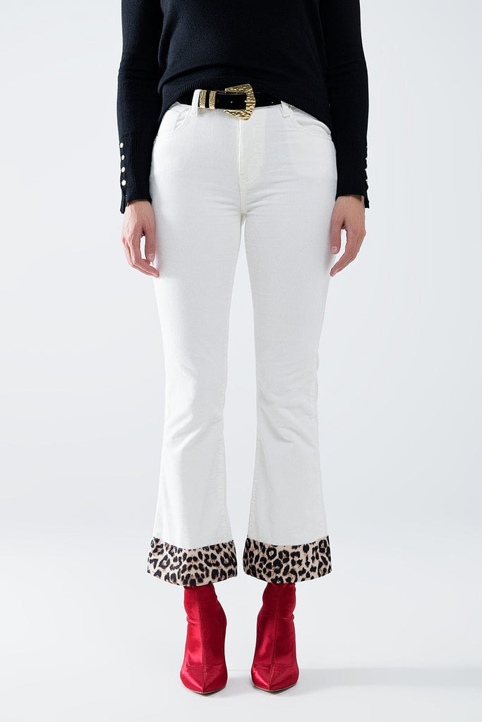 Q2 Women's Pants & Trousers Cream Corduroy Flare Pants With Leopard Print At The Bottom