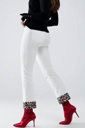 Q2 Women's Pants & Trousers Cream Corduroy Flare Pants With Leopard Print At The Bottom