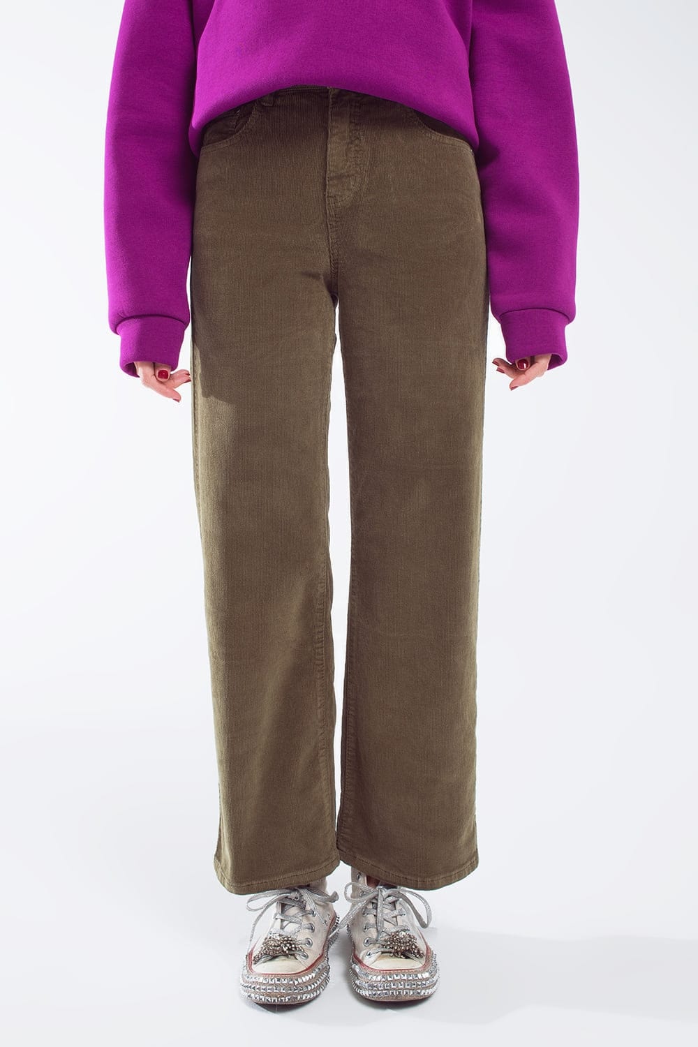 Q2 Women's Pants & Trousers Cropped Cord Pants In Khaki