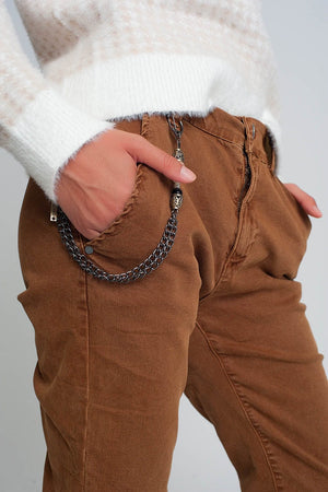 Q2 Women's Pants & Trousers Cuffed Utility Pants with Chain in Brown