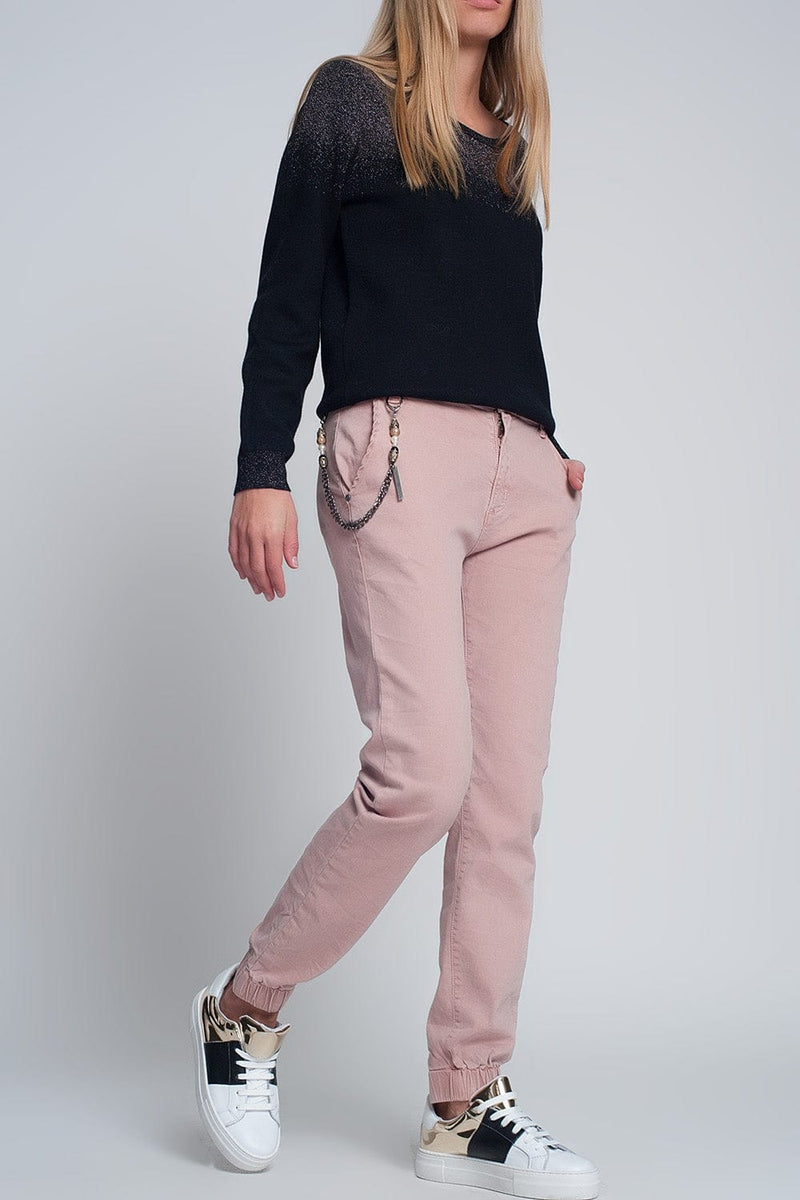 Q2 Women's Pants & Trousers Cuffed Utility Pants with Chain in Pink