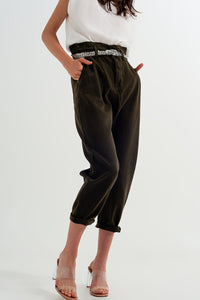 Q2 Women's Pants & Trousers Dad Jeans with Paper Bag Waist in Khaki