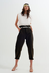 Q2 Women's Pants & Trousers Dad Jeans with Paper Bag Waist in Khaki