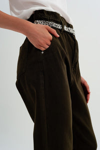 Q2 Women's Pants & Trousers Dad Jeans with Paper Bag Waist in Khaki