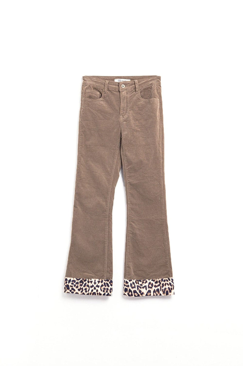 Q2 Women's Pants & Trousers Dark Beige Corduroy Flare Pants With Leopard Print At The Bottom