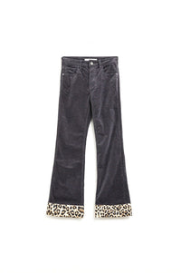 Q2 Women's Pants & Trousers Dark Grey Corduroy Flare Pants With Leopard Print At The Bottom