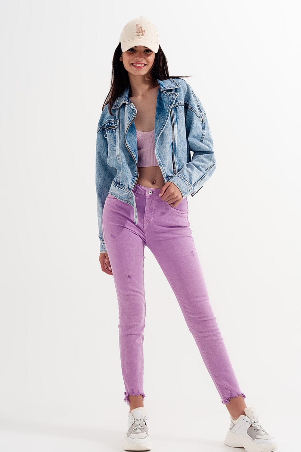 Q2 Women's Pants & Trousers Distressed Raw Hem Skinny Jeans in Lilac