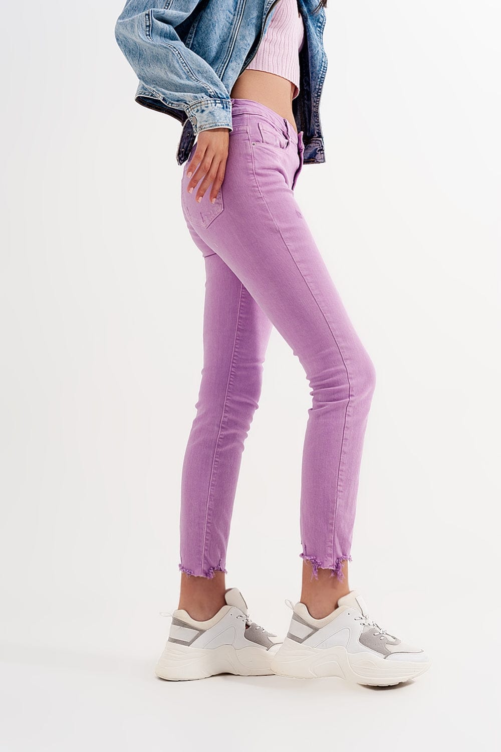 Q2 Women's Pants & Trousers Distressed Raw Hem Skinny Jeans in Lilac