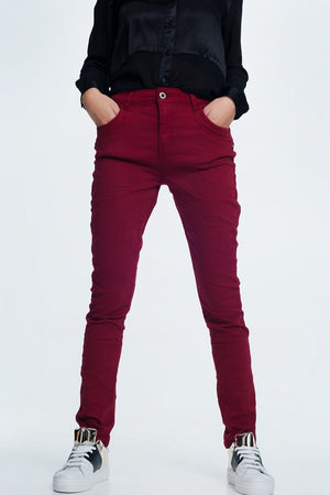 Q2 Women's Pants & Trousers Drop Crotch Skinny Jean in Maroon