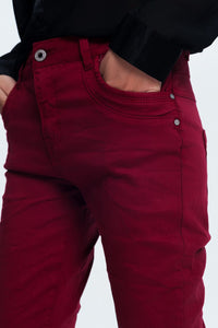 Q2 Women's Pants & Trousers Drop Crotch Skinny Jean in Maroon