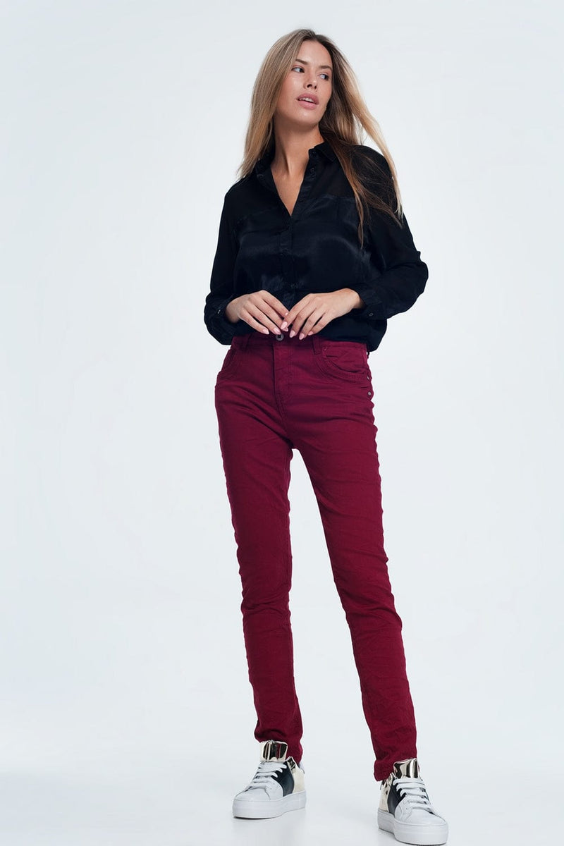 Q2 Women's Pants & Trousers Drop Crotch Skinny Jean in Maroon