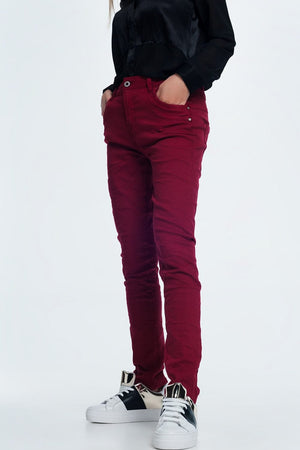 Q2 Women's Pants & Trousers Drop Crotch Skinny Jean in Maroon