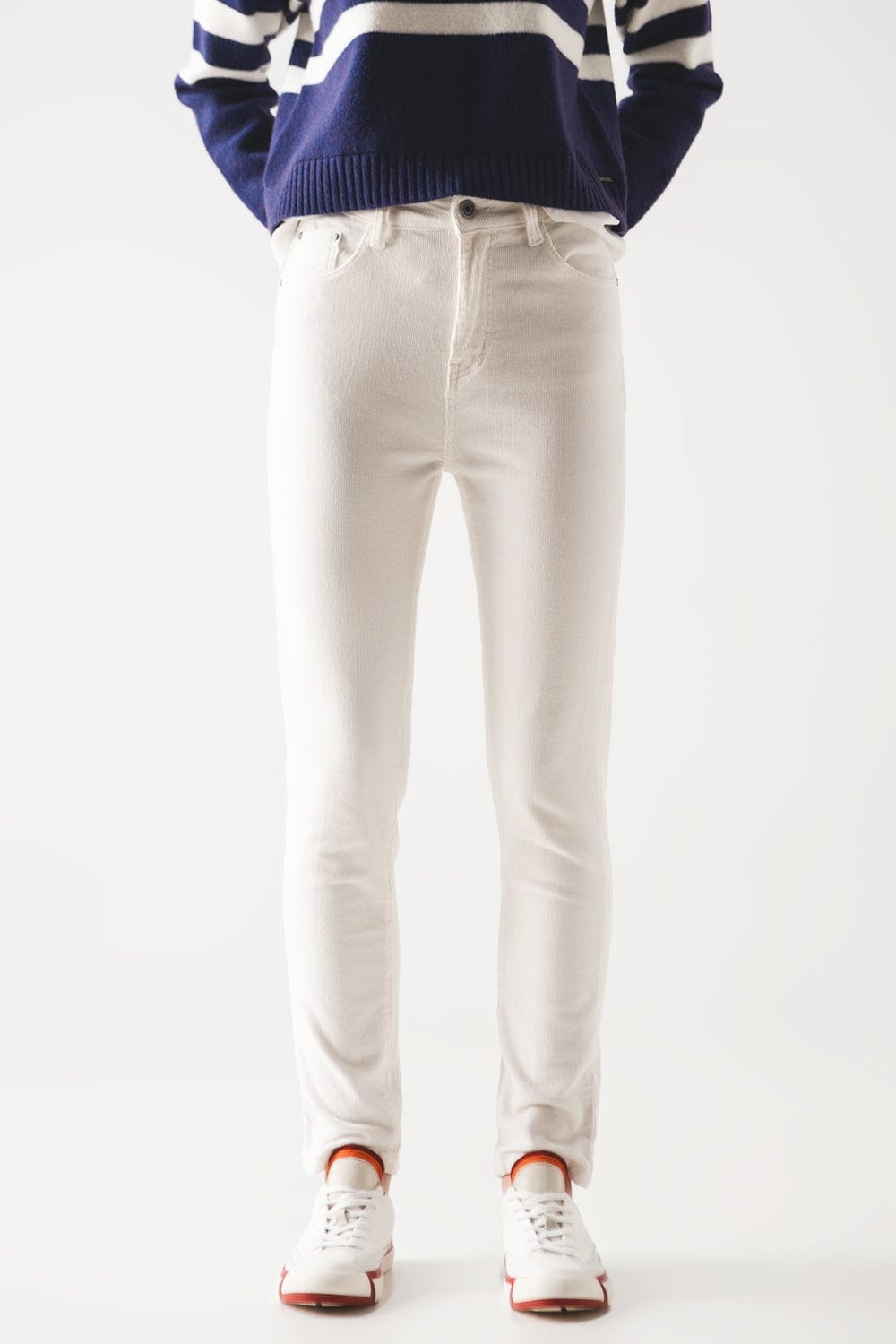 Q2 Women's Pants & Trousers Elastic Cotton Skinny Cord Pants in Cream