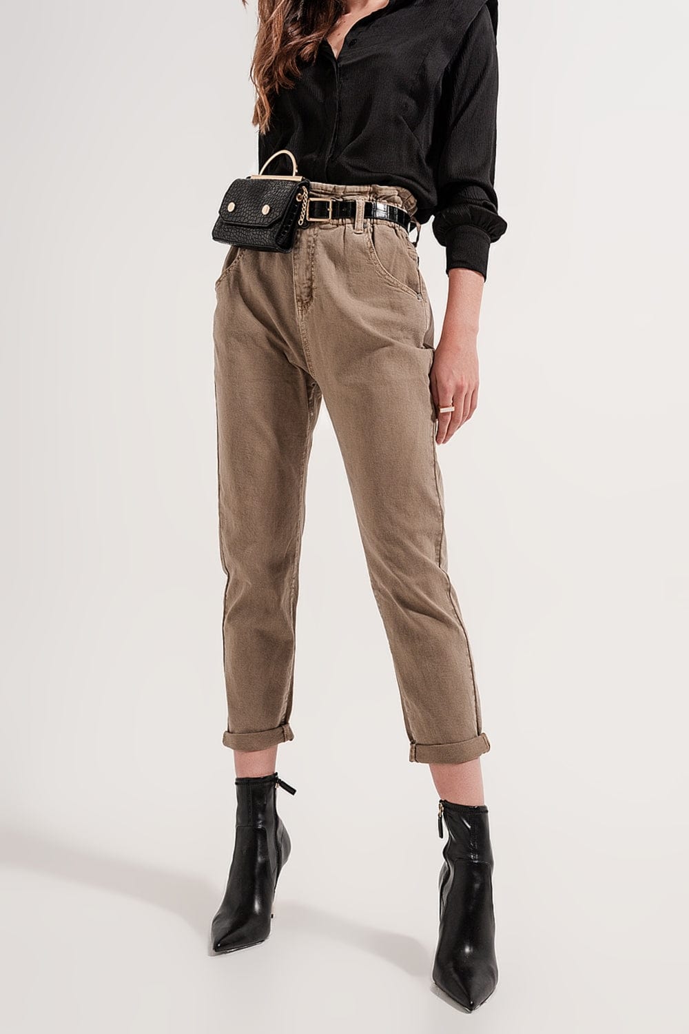 Q2 Women's Pants & Trousers Elasticated Paper Bag Waist Jean in Beige