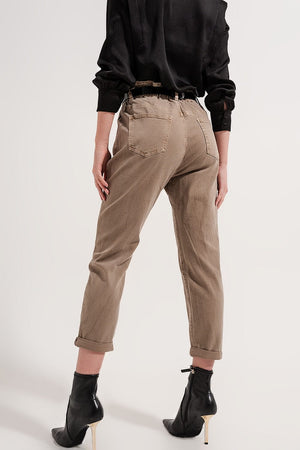 Q2 Women's Pants & Trousers Elasticated Paper Bag Waist Jean in Beige