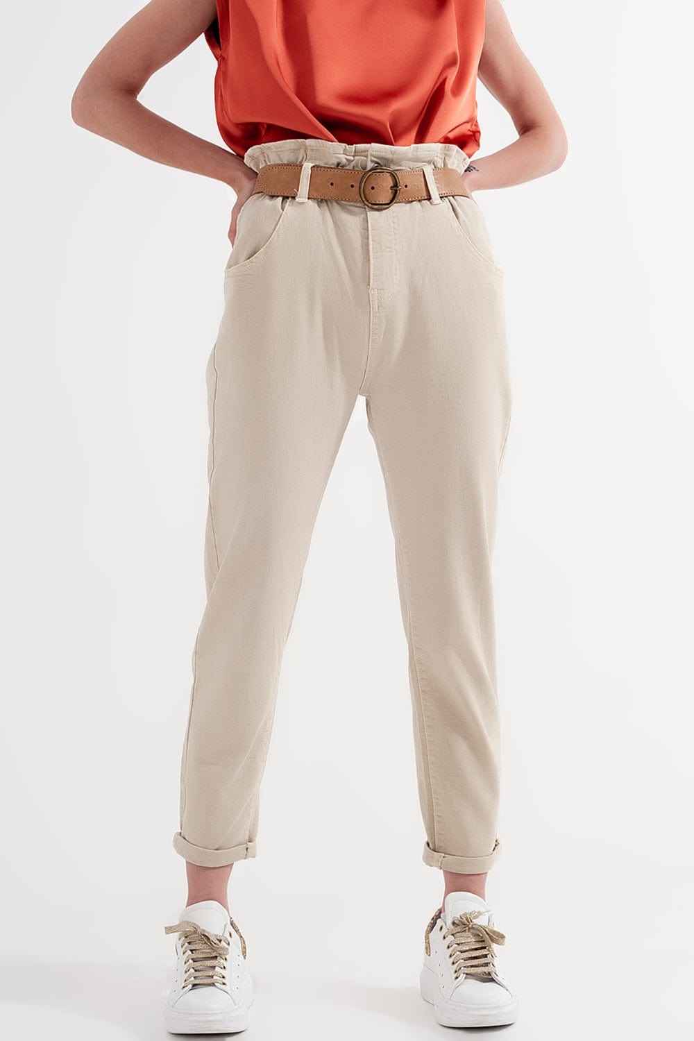 Q2 Women's Pants & Trousers Elasticated Paper Bag Waist Mom Jean in Beige