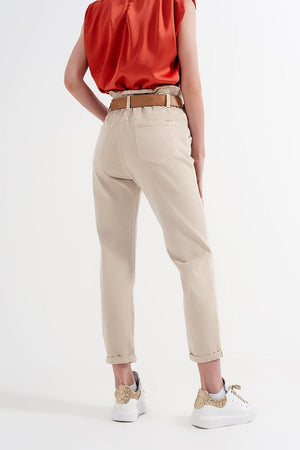 Q2 Women's Pants & Trousers Elasticated Paper Bag Waist Mom Jean in Beige