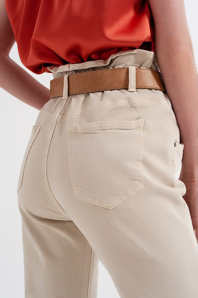 Q2 Women's Pants & Trousers Elasticated Paper Bag Waist Mom Jean in Beige