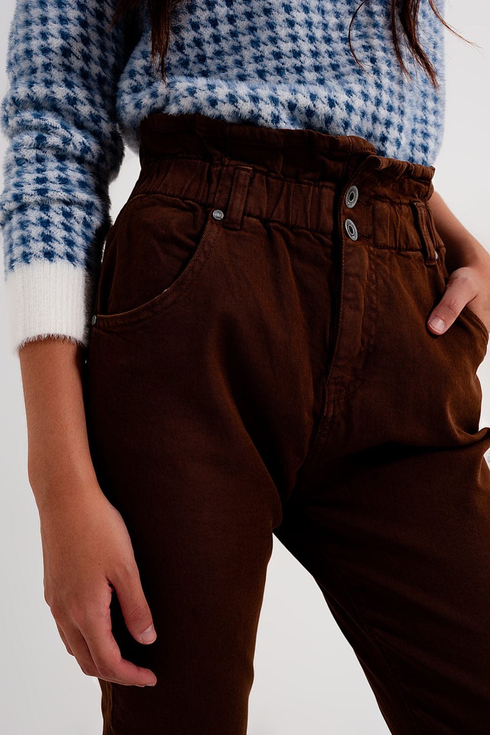 Q2 Women's Pants & Trousers Elasticated Paper Bag Waist Mom Jean in Brown