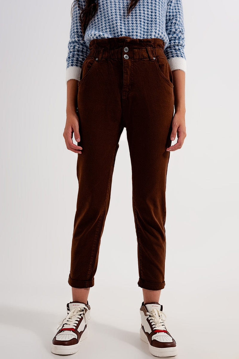 Q2 Women's Pants & Trousers Elasticated Paper Bag Waist Mom Jean in Brown