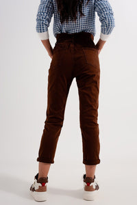 Q2 Women's Pants & Trousers Elasticated Paper Bag Waist Mom Jean in Brown