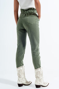 Q2 Women's Pants & Trousers Elasticated Paper Bag Waist Mom Jean in Khaki