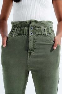 Q2 Women's Pants & Trousers Elasticated Paper Bag Waist Mom Jean in Khaki