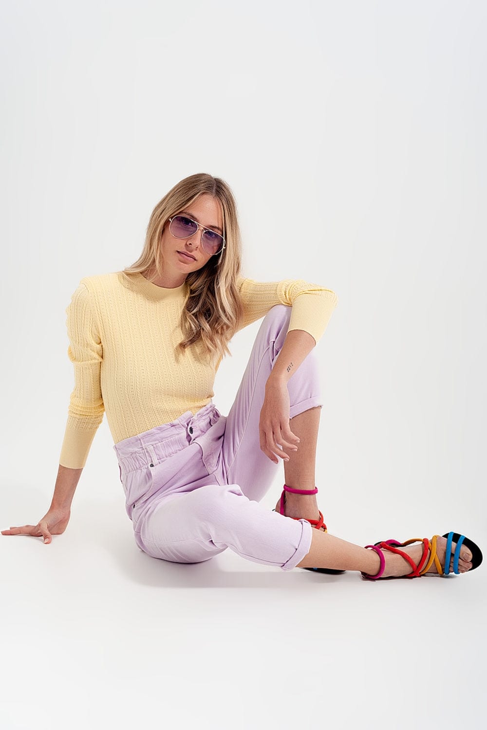Q2 Women's Pants & Trousers Elasticated Paper Bag Waist Mom Jean in Lilac
