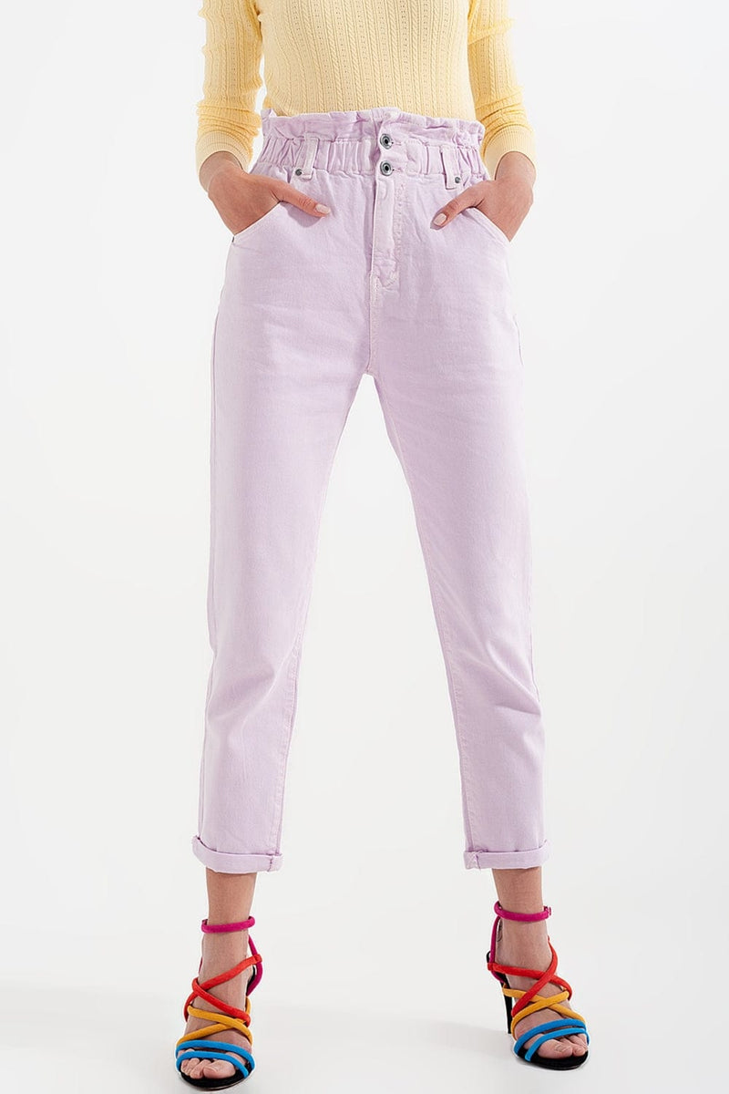 Q2 Women's Pants & Trousers Elasticated Paper Bag Waist Mom Jean in Lilac