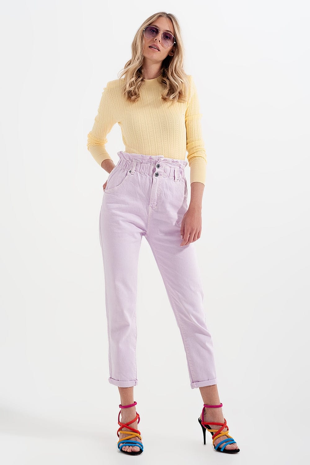 Q2 Women's Pants & Trousers Elasticated Paper Bag Waist Mom Jean in Lilac