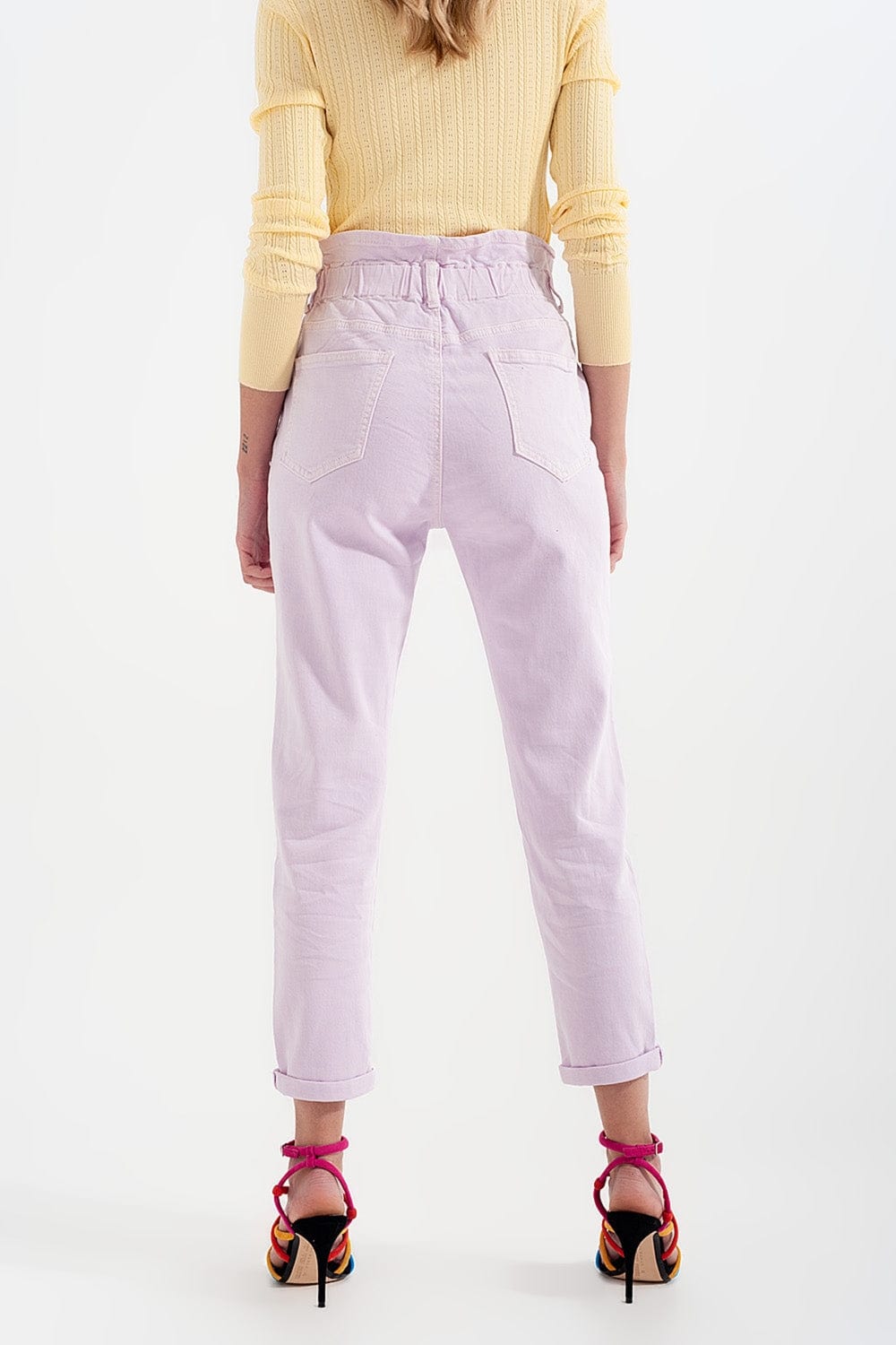 Q2 Women's Pants & Trousers Elasticated Paper Bag Waist Mom Jean in Lilac