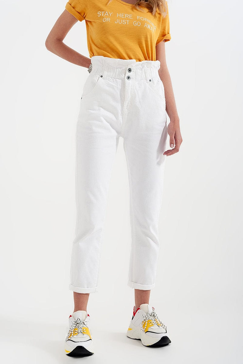 Q2 Women's Pants & Trousers Elasticated Paper Bag Waist Mom Jean in White