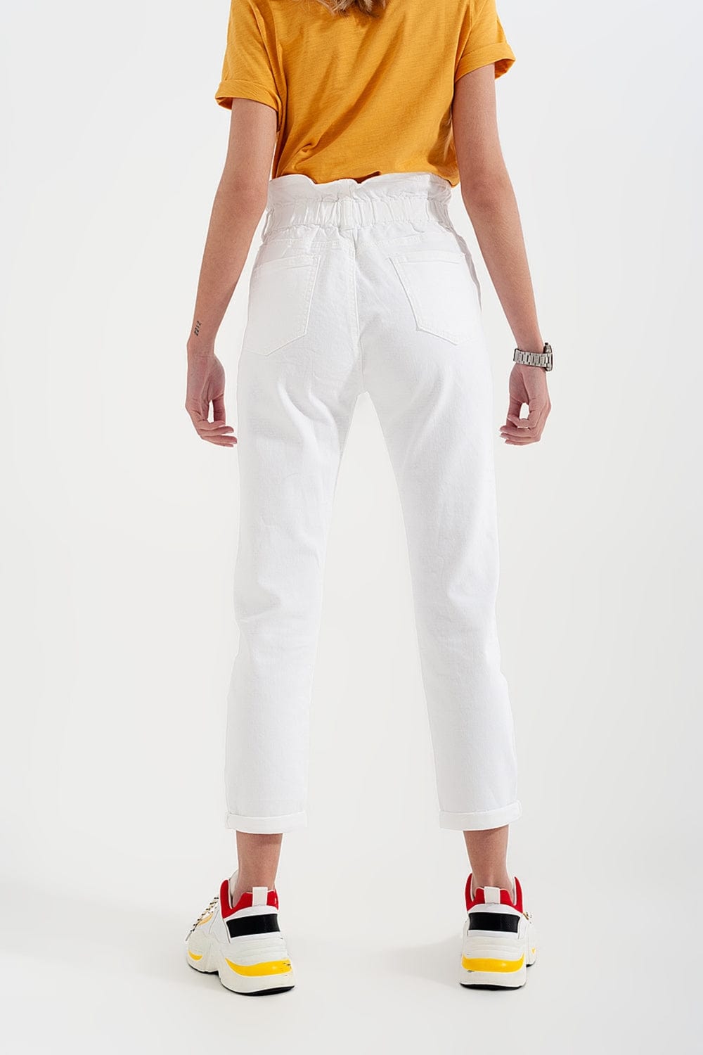 Q2 Women's Pants & Trousers Elasticated Paper Bag Waist Mom Jean in White