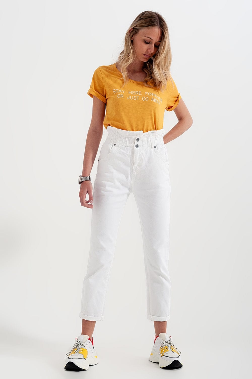 Q2 Women's Pants & Trousers Elasticated Paper Bag Waist Mom Jean in White