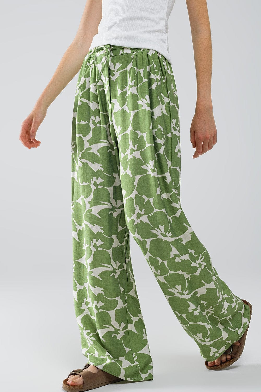 Q2 Women's Pants & Trousers Elasticated Waist Wide Leg Pants With Green Floral Print