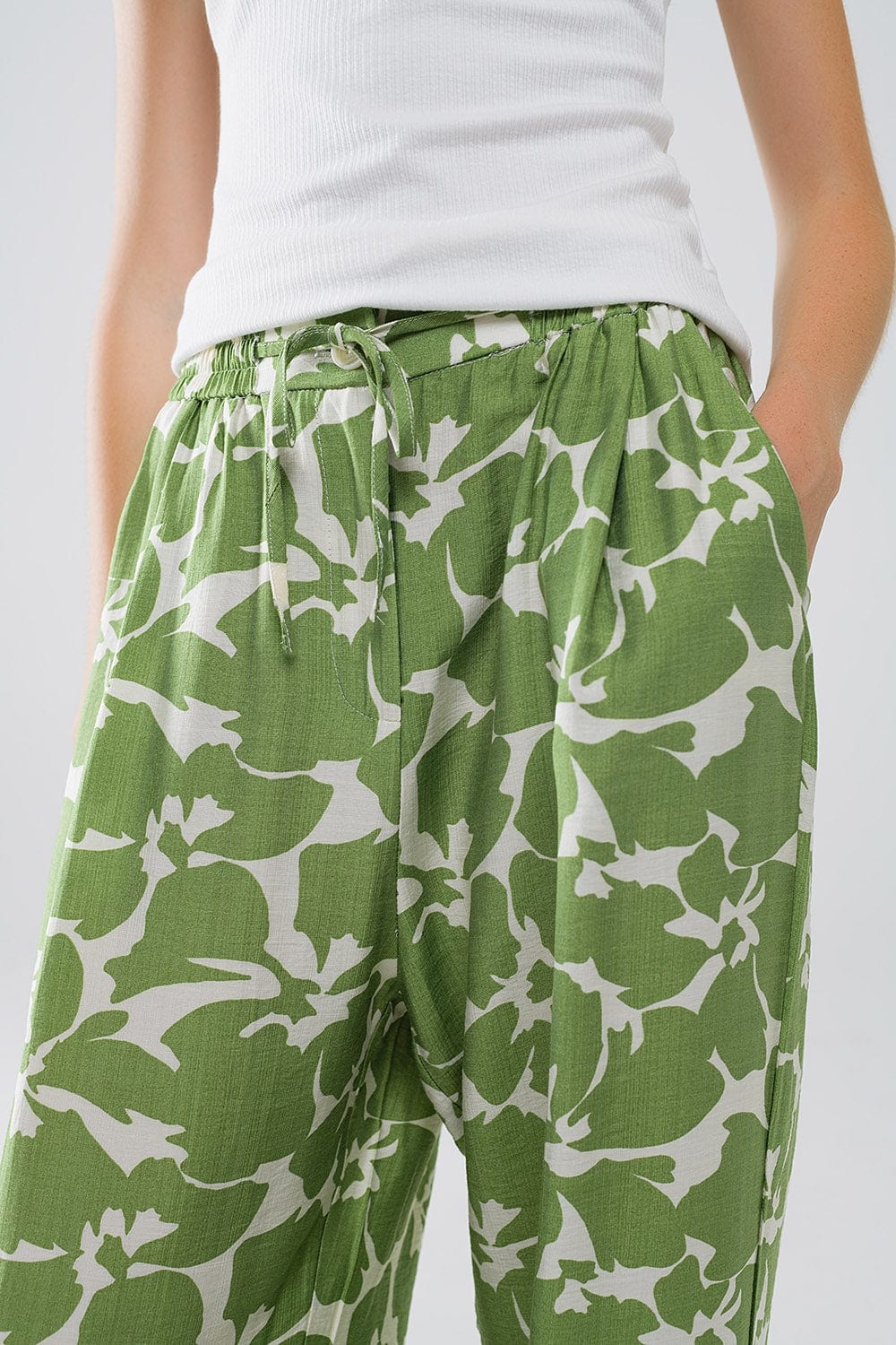 Q2 Women's Pants & Trousers Elasticated Waist Wide Leg Pants With Green Floral Print